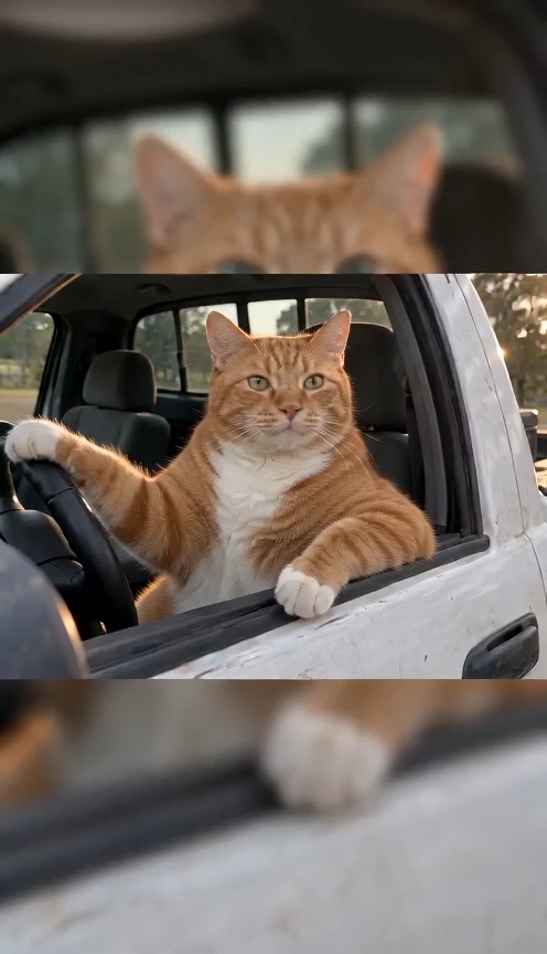 Ginger cat sitting in a pickup scene